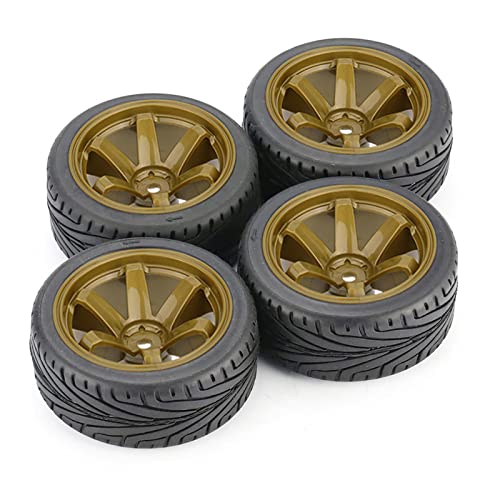 4PCS RC Car Rubber Tires and Plastic Wheels Rims Compatible with 1/10 Scale On Road Touring Racing Flat Drift Car for HSP HPI Tamiya(Gold) - color: Gold