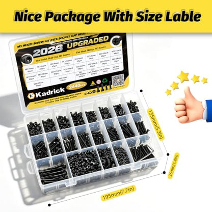 Kadrick 2440PCS M3 Screws Assortment,Hex Socket Cap & Countersunk M3 Screws | M3 Bolts With Nuts,Flat & Lock Washerss, Length From 4-35mm,Class 12.9 & 4.8 Alloy Steel,Black Zinc Plated - size: M3 2440Pcs 4-35mm