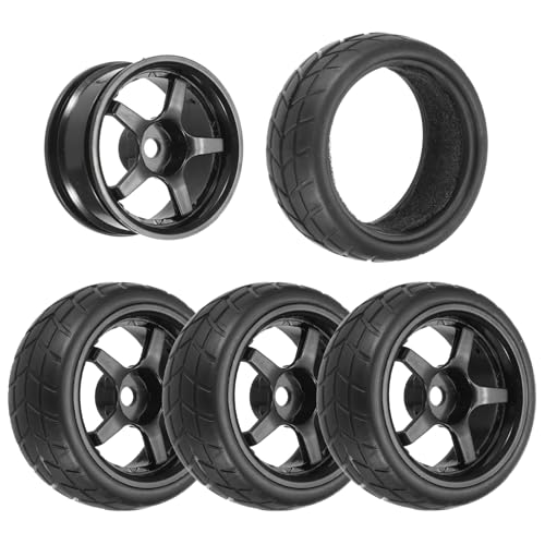 uxcell 4-Pair High-Grip RC Car Tire & Wheel Set for 1/10 Scale On-Road Touring Cars - Soft Rubber Tyres with 12mm Hubs, Black, Type g