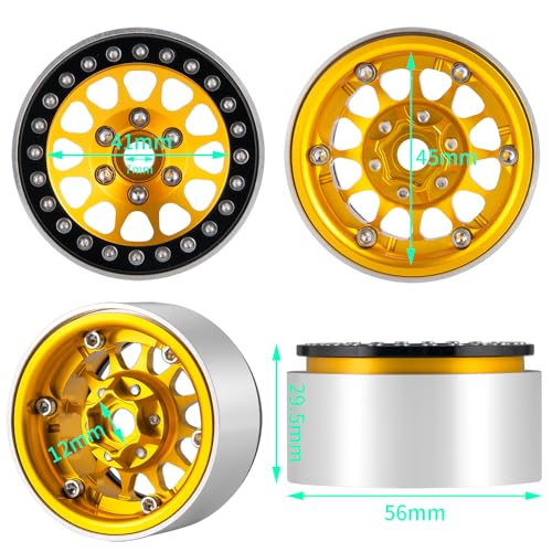 4Pcs RC Wheels 1.9 Aluminum Alloy Beadlock Wheel Rims for 1/10 SCX10 SCX10-II SCX10-III TRX4, TRX4 2021, TRX4 Sport RC Crawler Upgrade Pasrts(Gold + Black)