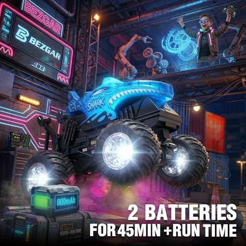 BEZGAR 1:20 Monster Truck Toys, 360°Stunt RC Cars with Music and Light | Blue Dinosaur Toys with 2 Batteries and Wireless LED Strobe Lights, Remote Control Car with Glowing wheels for boys - color: Blue