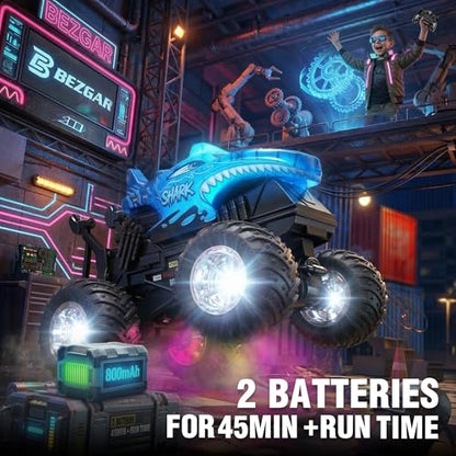 BEZGAR 1:20 Monster Truck Toys, 360°Stunt RC Cars with Music and Light | Blue Dinosaur Toys with 2 Batteries and Wireless LED Strobe Lights, Remote Control Car with Glowing wheels for boys - color: Blue