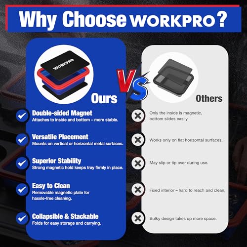 WORKPRO 4PC Collapsible Magnetic Parts Tray Set, Double-Sided Magnet Bowl for Screws, Nuts, Pins, Foldable Bolt Tray for Garage, Maintenance, Silicone Mechanic Tools Gift for Man, 11 Inch & 6.3 Inch
