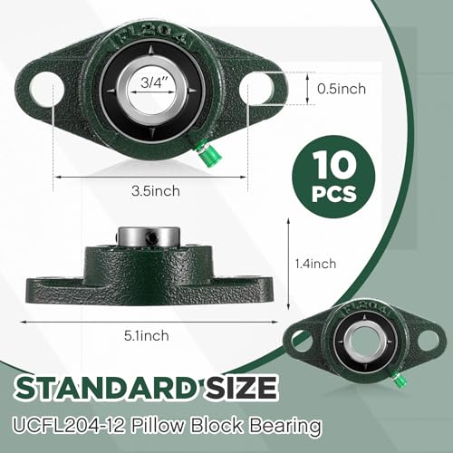 Threlaco 10 Pack UCFL204-12 Pillow Block Bearing 3/4 in Bore Shaft Flange Mount Ball Bearing Unit 2-Bolt, Self Aligning Cast Iron Housing, Set Screw Locking Style Flange Pillow Block - style: UCFL204-12