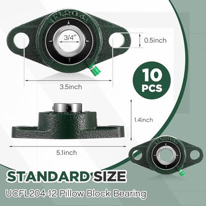 Threlaco 10 Pack UCFL204-12 Pillow Block Bearing 3/4 in Bore Shaft Flange Mount Ball Bearing Unit 2-Bolt, Self Aligning Cast Iron Housing, Set Screw Locking Style Flange Pillow Block - style: UCFL204-12
