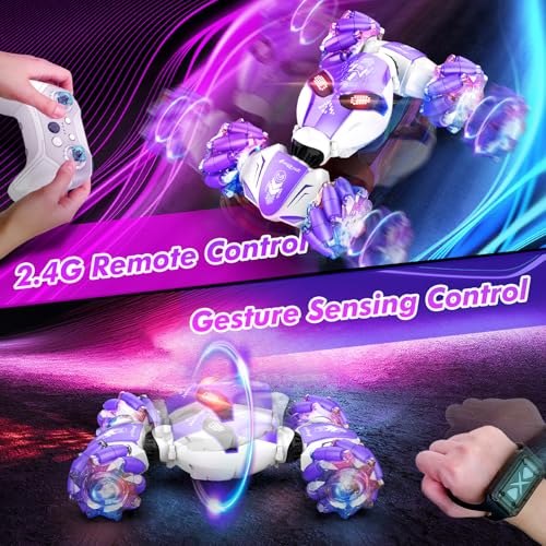 AEROQUEST Purple Gesture Control RC Twist Car with Lights, Gift for Kids 6+ | 360° Spins Action Rechargeable Up to 60-Min Playtime All-Terrain Performance Durable Shock-Absorbing Wheels - color: Purple