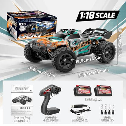 RC Cars 1:18 4WD High Speed Off-Road RC Truck 40 KM/H, Remote Control Car with Waterproof ESC, 2 Rechargeable 7.4V 1300mAh Batteries, Dual Body Shells, for Adults & Kids, Great Gifts for Outdoor Fun