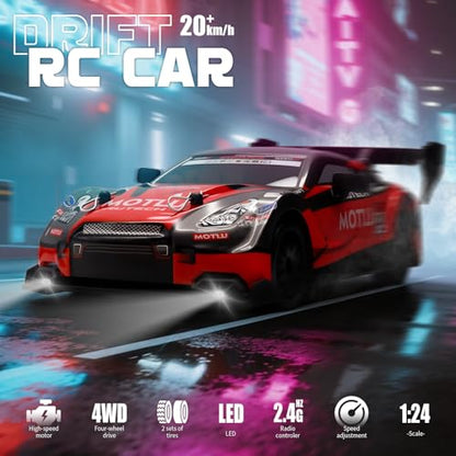 RC Drift Car, 1:24 Scale Remote Control Vehicle for Kids,2.4GHz 20KM/H 4WD High Speed RC Cars with LED Light, Two Batteries & Drifting Tires Racing Sport Toy Cars for Adults Boys Girls Kids 8602BU - style: 8602-Blue