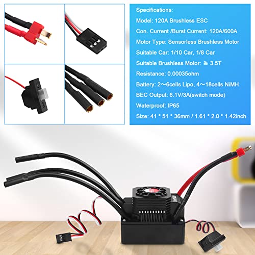 3650 5900KV Sensorless Brushless Motor,120A ESC & Program Card Set | RC Motor ESC Combo 3.175mm Shaft Waterproof Motor for 1:10 Scale RC Car Truck Update Parts