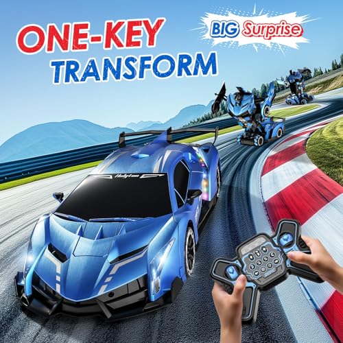 Holyton 1:10 Transforming RC Car, Large Remote Control Car | One-Button Transform to Robot, 2.4GHz Remote Control, Gesture Sensing, LED Lights, 80-Min Playtime, Gift for Kids Ages 5-12 - color: Blue