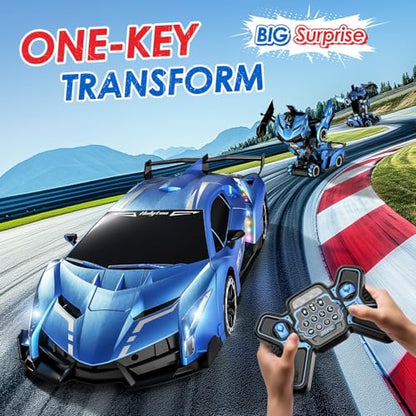 Holyton 1:10 Transforming RC Car, Large Remote Control Car | One-Button Transform to Robot, 2.4GHz Remote Control, Gesture Sensing, LED Lights, 80-Min Playtime, Gift for Kids Ages 5-12 - color: Blue