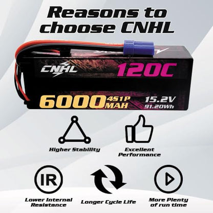 CNHL 6000mAh 4S Lipo Battery 15.2V 120C HV EC5 Hard Case for RC Car | High voltage system delivers instantaneous acceleration and durable impact protection for 1/8 RC racing buggies.
