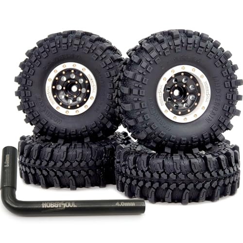 61 * 22.4mm Soft Sticky 1.0 Mud Terrain Tires Tyre & Brass 1'' beadlock Wheels Rims for RC Crawler 1/18 TRX4M 1/24 SCX24 Upgrades, HS701457 - color: White & Black