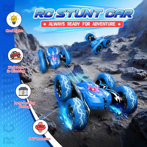Excitobo Remote Control Car,RC Cars for 4 5 6 7 8 9 10 11 12 Year Old Boy Double Sided 360°Flip 4WD Rechargeable Drift RC Race Car Boys Toys Birthday Gifts Easter Basket Stuffers for Kids Age 4-12 - color: Blue