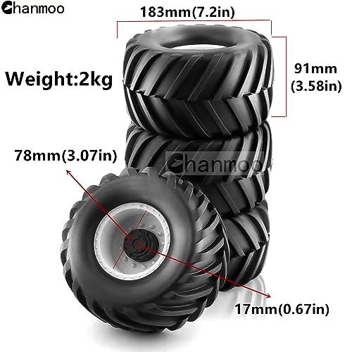 1/8 RC Monster Truck Tires and 17mm Hex Wheels Rims Rubber Buggy Tyres for 1:8 Scale Off Road Truck Car Kaiju Tmaxx E-Revo 3.3 Arrma Kraton 6S Typhon 3S Traxxas Maxx HPI Redcat 4PCS (White) - color: White