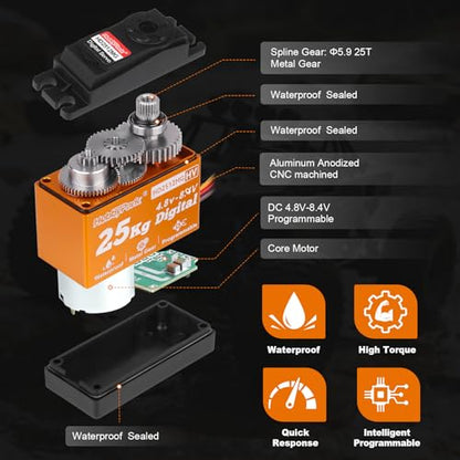 HobbyPark Waterproof 25kg Servo All Metal Gears Digital Steering Servo for 1/10 1/12 RC Car Crawler Truck Buggy Airplane Boat Robotics Project Arduino, Control Angle 180° HV Programmable