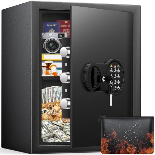 17.55'' Fireproof Safe Box with Digital Keypad, 3.2 Cu Ft Home Safe | Safes with Smart Alert, 2 Removable Shelves,Keys & Pass Code,Wall Mount,External Emergency Power and Fireproof Waterproof Bag - size: 3.2 Cubic Feet