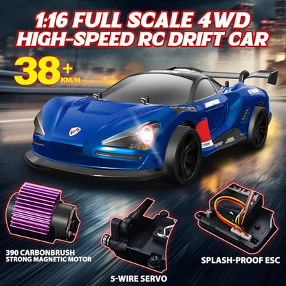 1/16 Fast RC Cars for Adults, RC Drift Car, 38KM/H High-Speed 4WD, Full Proportional Control, 6 LED Light Modes, 2 Rechargeable Batteries, RTR Drifting for Adults, Gift for Boys Kids and Girls