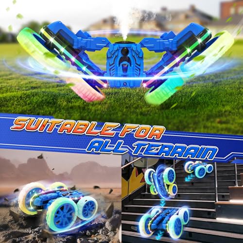 Jimdella RC Cars Toys, 2-in-1 Remote Control Car Transform 4WD with Spray & LED Lights, 2.4GHz Off-Road Stunt Truck for 360° Flips Gift for Boys Age 8-12 (Blue) - color: Blue