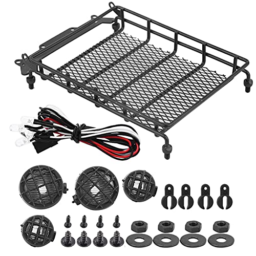 RC Crawler Roof Rack, Durable Metal Simulation Luggage Carrier with LED Light for Off-Road Adventure RC and Scale Hobbyists - color: Black