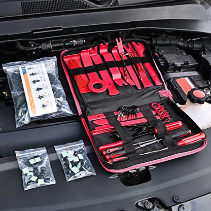 GOOACC 200Pcs Auto Trim Removal Tool and Push Pin Retainer Clip Set | Fastener Terminal Remover Adhesive Cable Clips Round Handle Crowbar Kit Car Panel Radio Auto Clip Pliers - color: 120Pcs Clips +80 Remover