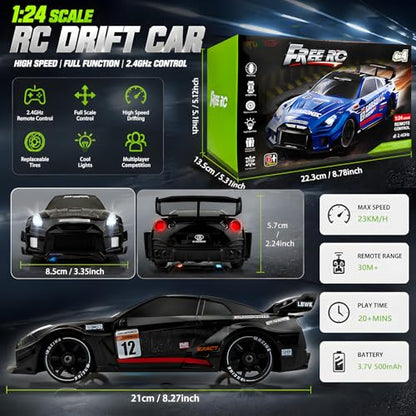 HTURCCOP 1:24 RC Drift 2.4GHz with LED Light Race Car Toys for Boys and Girls Aged 6+ Speed Adjustable up to 23Km/H, High-Speed RC Racing Cars Toy Gift for Boys & Girls - color: Black