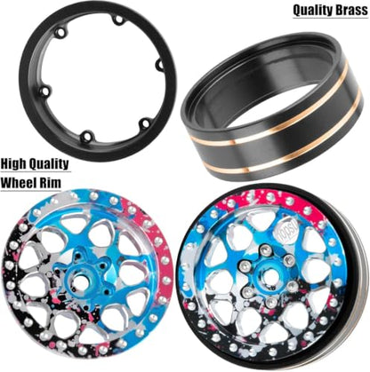 for 1/18 1/24 Axia l SCX24 TRX4M,1.3 Beadlock RC Wheels and Tires,1.3" Aluminum & Brass RC Wheel Hub Rim Rubber Tires RC Truck Tires Heavy Duty Rim.Colour 4PCS - color: （4pcs)colour