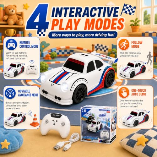 BYTEWAR Toddler Remote Control Car, Follow & Escape Modes, 360° Stunt Drift | Electric Hobby RC Car Toys, Christmas Birthday Gifts Toys for Kids Boys Girls 3 4 5 6 7 8 Years Old - color: White Car