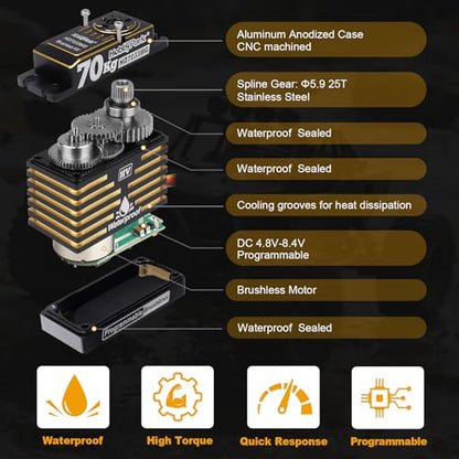 HobbyPark Waterproof RC Servo High Torque Brushless Motor Metal Gear Digital Servo Aluminum Case for 1/8 1/10 RC Crawler SCX10 TRX4 RC Truck Car Buggy RC Basher Control Angle 180° HV (70kg Torque)