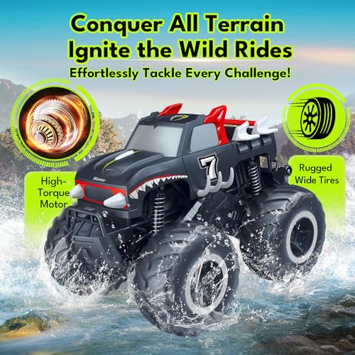 Threeking 1:16 Amphibious Monster Truck All Terrain Remote Control Car Toys | Waterproof Durable 4WD Off-Road RC Crawler Cars Pick-Up Unique Toy Gifts for Boys Girls Ages 6-12 - color: Pickup-red