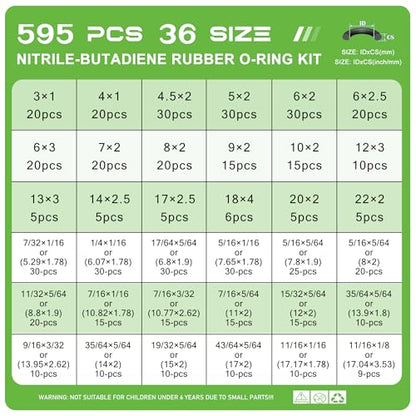 595Pcs AC O-Ring O Rings Assortment Kit 36 Metric & SAE Sizes Green NBR Rubber Seals for Automotive HVAC Plumbing Water Fittings - style: 36 Size/595 Pcs