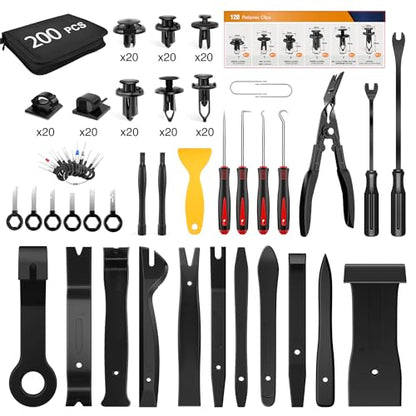 GOOACC 200Pcs Trim Removal Tool, Auto Push Pin Bumper Retainer Clip Set Fastener Terminal Remover Tool Adhesive Cable Clips Round Handle Crowbar Kit Car Panel Radio Removal Auto Clip Pliers, Black - color: 200Pcs Clips Removal Kit Black