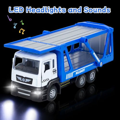 Toy Trucks, Pull Back Transport Truck Toys with 2Pcs Diecast Cars | Lights & Sounds, Alloy Truck with Trailer Transporter Vehicles Set, Toy Trucks for Toddlers Boys 3 4 5 6 7 8 Years Old Gift - style: Transporter Truck