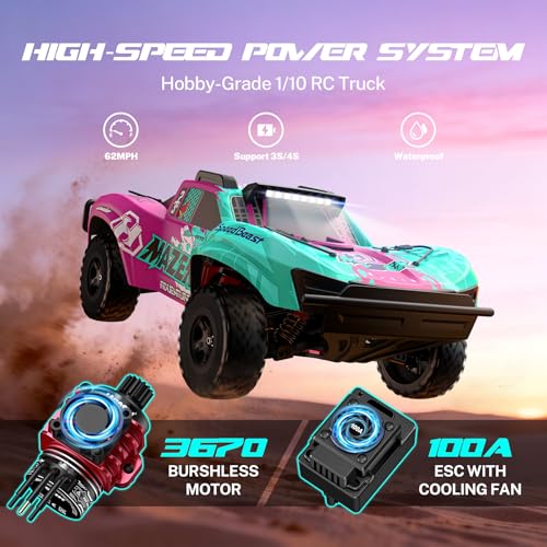 Hosim 1/10 RC Truck 4WD Brushless Buggy Cars, MAZEK RTR 62+ MPH Hobby Grade High Speed Remote Control Car for Adults & Teens Off-Road Bashing, Rock Crawling, Racing Waterproof Electric Monster Trucks - color: Pink