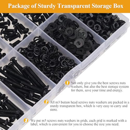 565 Pieces M3 Screws Nuts Washers Set Black, Sutemribor M3 x 5/6/8/10/12/16/20mm Button Head Socket Cap Screws Nuts Washers Assortment Kit, 10.9 Grade Alloy Steel, Fully Threaded - size: M3, style: Button Head Socket Cap