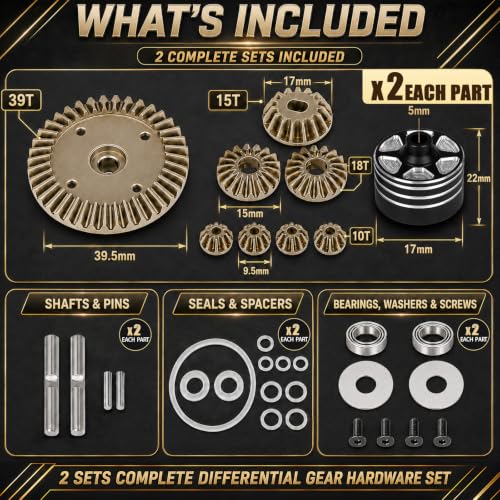 2 Sets Aluminum Differential Case & Gear 39T 22049 for Tamiya XV-02 MB-01 XM01 1/10 RC Car Upgrade Front Rear Gear Diff Replacement Hop-Up Parts, Black - color: Black
