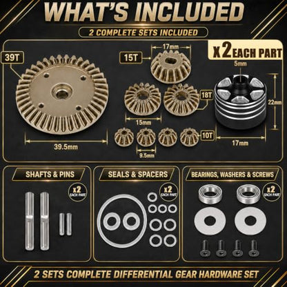 2 Sets Aluminum Differential Case & Gear 39T 22049 for Tamiya XV-02 MB-01 XM01 1/10 RC Car Upgrade Front Rear Gear Diff Replacement Hop-Up Parts, Black - color: Black