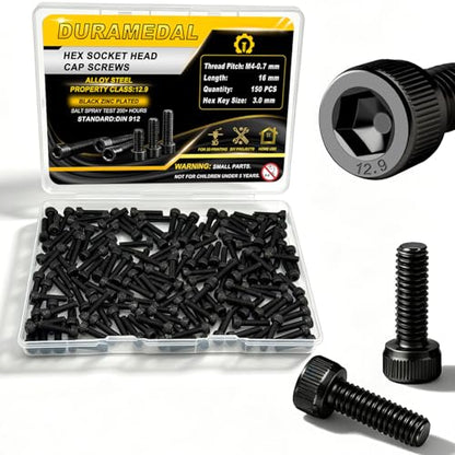 150pcs M4 x 16mm Screws, Hex Socket Head Cap Screws Bolts, 12.9 Grade Alloy Steel, Black Zinc Plated, Allen Socket Drive, Full-Threads, Small Metric Screws - size: M4*16mm 150pcs