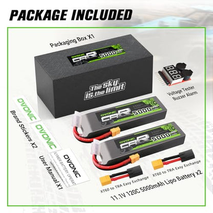 OVONIC 3S LiPo Battery 11.1V 5000mAh 120C with XT60 and TRA Plug Match RC Car Truck Airplane Helicopter Boat [6.18''D x 1.81" W x 1.03" H](2 Packs in 1 Package)(with Lipo Voltage Checker)