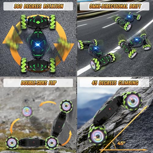 Pristar Gesture RC Car Toys for Boys 6-12, Gifts for Kids Aged 6-12 | RC Sensing Stunt Car with Cool Spray Lights Music, 2.4Ghz Remote Control Car Double Sided Flip 360° Rotate 4WD Off-Road - color: Green-black