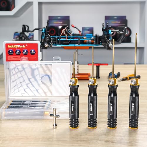 HobbyPark Titanium Hex Driver Allen Screwdriver Set 1.5mm 2.0mm 2.5mm 3.0mm Extended Thickened Handle for RC Crawler RC Car Truck Buggy On Road Touring Drift (Black & Gold Handle)