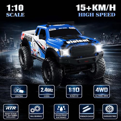RC Cars RC Crawler 1/10 Scale RTR Remote Control Car 4WD 2.4GHz Brushed Offroad Racing Hobby Grade Model Vehicle with LED Lights 2Pcs Battery Toy for Kids and Adults - color: F-blue