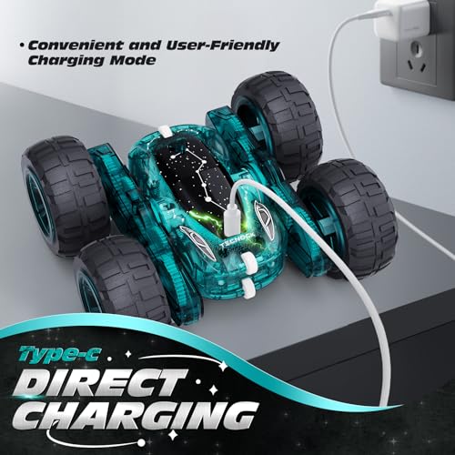 Tecnock Remote Control Car, 2.4GHz RC Cars with USB-C Easy Charging, 4WD Double Sided 360° Rotates and Flips RC Stunt Car, Toys Gift for Boys and Girls Ages 6-8, 8-12 - color: Green