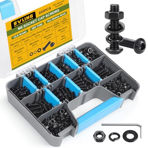 655PCS M6 Bolt Assortment Kit, M6 x 10/12/14/16/20/25/30/35mm Button Head Hex Socket Cap Screws Nuts Bolts Washer Assortment Kit 10.9 Grade Alloy Steel Black Oxide - size: M6 655PCS Button Black