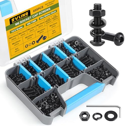 655PCS M6 Bolt Assortment Kit, M6 x 10/12/14/16/20/25/30/35mm Button Head Hex Socket Cap Screws Nuts Bolts Washer Assortment Kit 10.9 Grade Alloy Steel Black Oxide - size: M6 655PCS Button Black