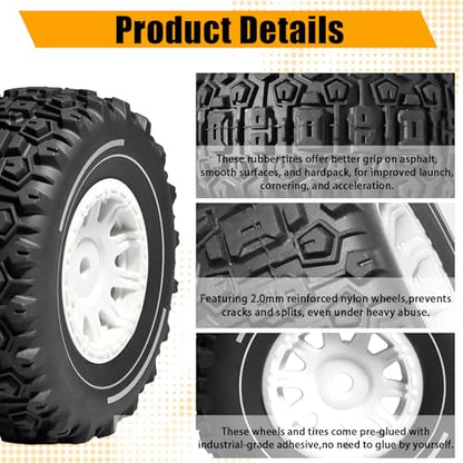 Pre-glued 64mm Wheels &Tires with 12mm Hex for 1/14 Truck, White | Rubber Tire and Nylon Rim for ARRMA Mojave GROM, HPI, Traxxas Slash, Tamiya, Toyota, WLtoy 1/14 1/16 1/18 RC On/Off-Road Car - color: White