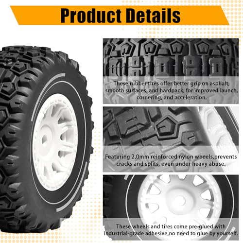 Pre-glued 64mm Wheels &Tires with 12mm Hex for 1/14 Truck, White | Rubber Tire and Nylon Rim for ARRMA Mojave GROM, HPI, Traxxas Slash, Tamiya, Toyota, WLtoy 1/14 1/16 1/18 RC On/Off-Road Car - color: White