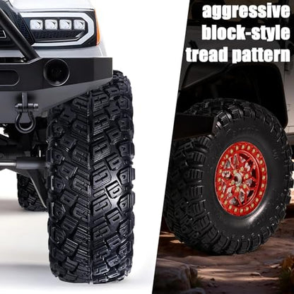 2.2 RC Crawler Tires 1/10 Beadlock Wheels 12mm Hex, Mud Terrain Rock Tires Soft Rubber 5.0x1.9, Aluminum Beadlock Rims 5.5mm Offset, RC Wheel Tire Set for SCX10 TRX4 TRX6 Gen8 VS4-10 D90 CFX - color: Red