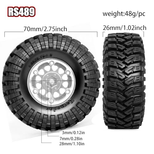 REDSPIDER•1.3 Beadlock Wheels and Tires OD 2.75'' Hex 7mm (4PCS) for 1/18 1/24 TRX4M SCX24 AX24 FCX18 FCX24 RC Crawler Car (Silvery)