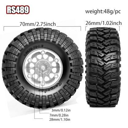 REDSPIDER•1.3 Beadlock Wheels and Tires OD 2.75'' Hex 7mm (4PCS) for 1/18 1/24 TRX4M SCX24 AX24 FCX18 FCX24 RC Crawler Car (Silvery)